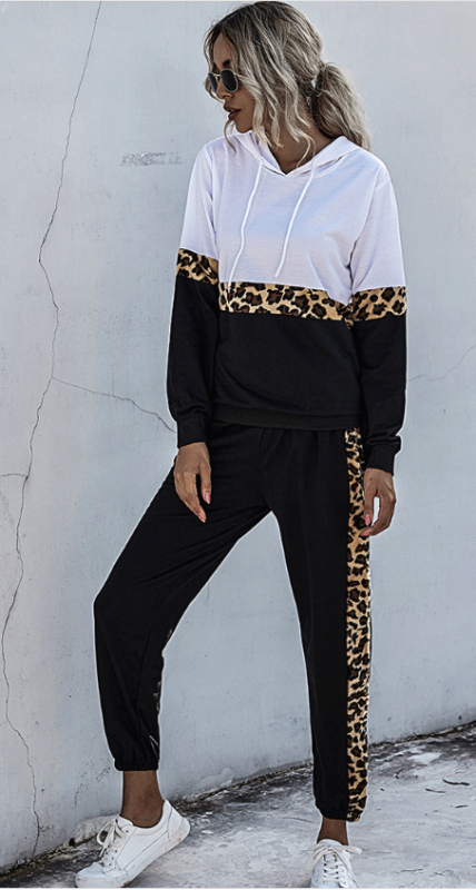 Ladies Leopard Print Stitching Hooded Sweatshirt Set - Black / S
