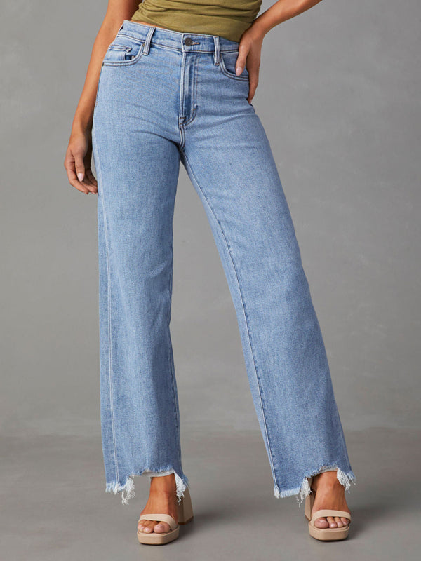 Ladies Loose Casual Fashion Simple Tassel Straight Jeans - Clear blue / S