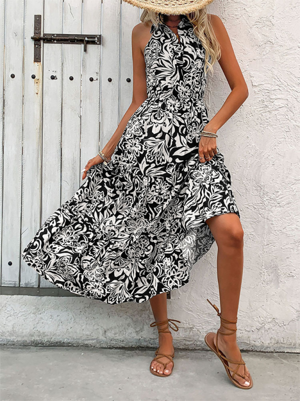 Ladies new comfortable halterneck sleeveless high waist long dress - Black / S