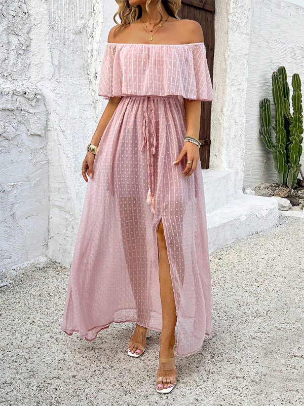 Elegant pink polka dot off-the-shoulder maxi dress for women, stylish clothing type