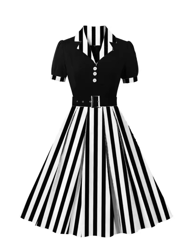 Ladies new fashion polka dot lapel short sleeve belt slim dress - Black / S