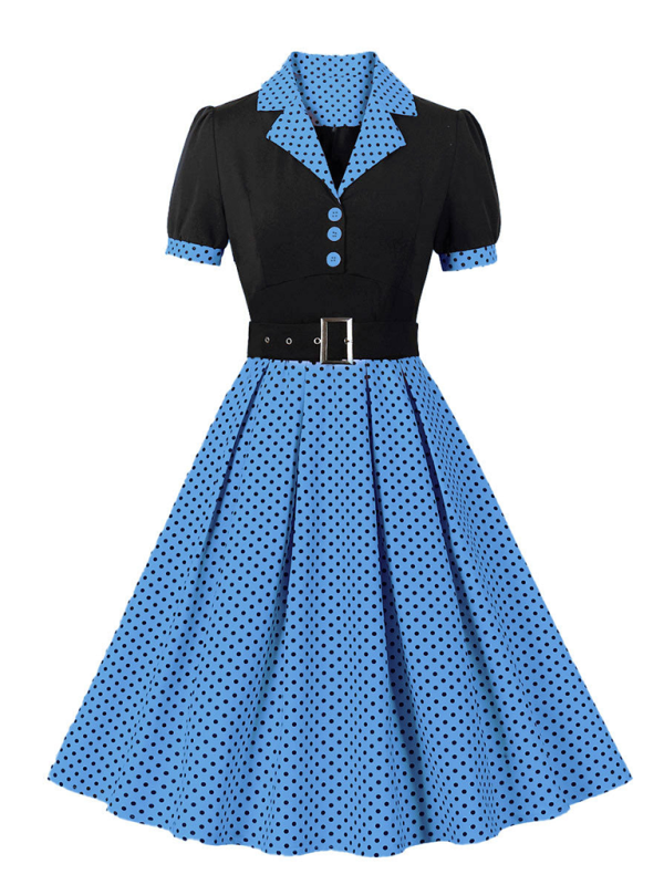 Ladies new fashion polka dot lapel short sleeve belt slim dress - Blue / S