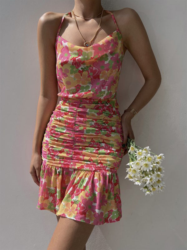 Ladies new floral print hip strap dress - Orange Red / S