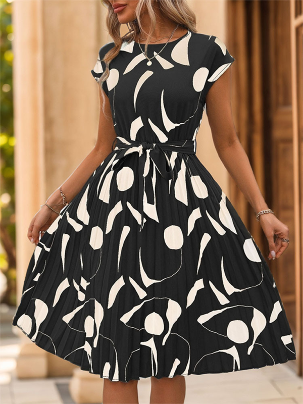 Ladies new geometric pattern print pleated dress - Black / S