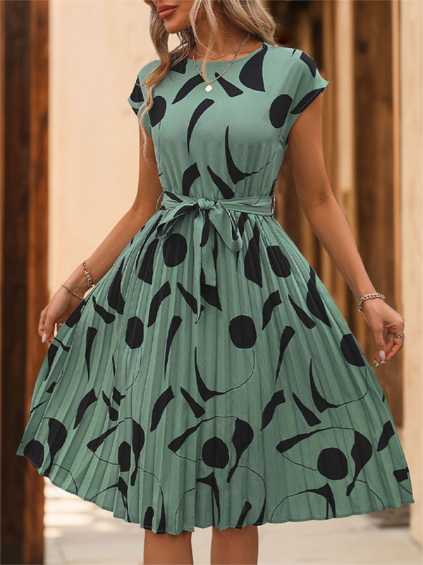 Ladies new geometric pattern print pleated dress - Green / S