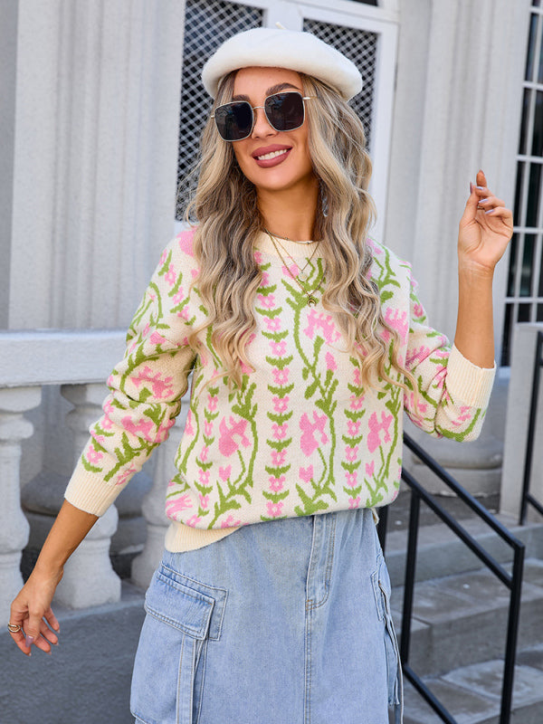 Ladies new jacquard branch round neck flower knitted fashion sweater - Cracker khaki / S