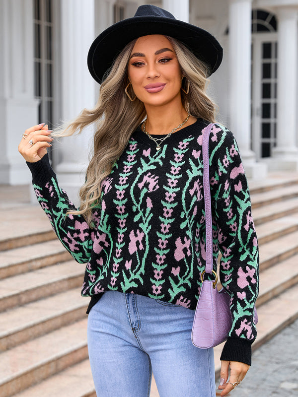 Ladies new jacquard branch round neck flower knitted fashion sweater - Black / S