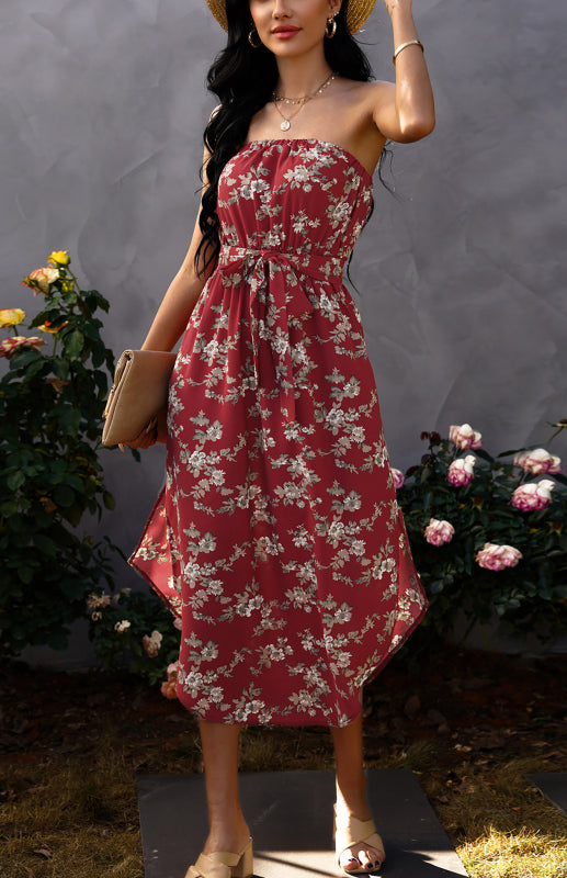 Ladies Summer Fashion Sexy Wrap Chest Chiffon Dress - Red / S