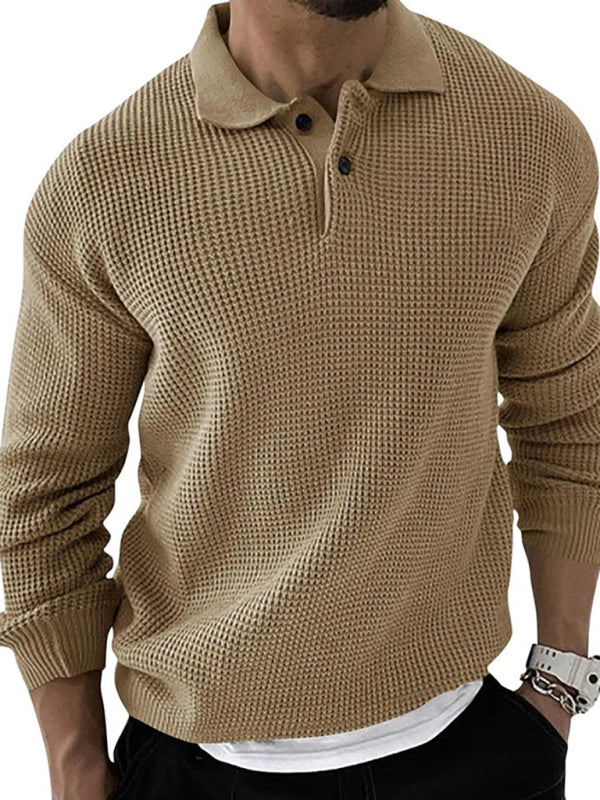 Lapel Sweater Men’s Fashion Urban Slim Long Sleeve Knitted Sweater - Khaki / M