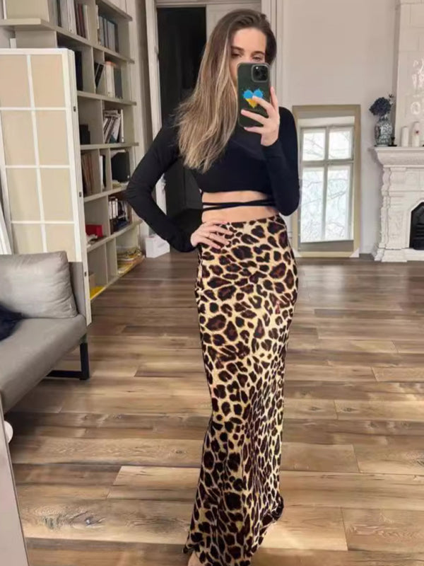 Leopard print two-tone hip skirt - Brown / S