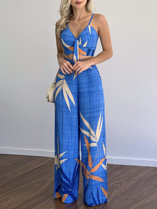 Linen-like casual suit V-neck high-waist printed wide-leg pants two-piece set - Pink / S