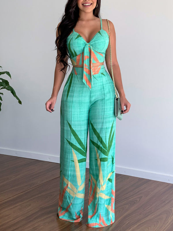 Linen-like casual suit V-neck high-waist printed wide-leg pants two-piece set - Pink / S