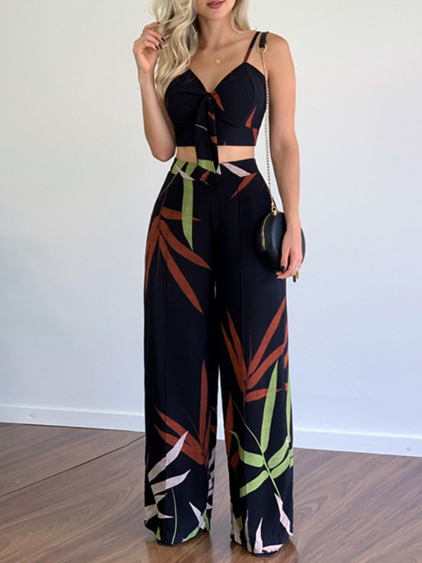 Linen-like casual suit V-neck high-waist printed wide-leg pants two-piece set - Pink / S
