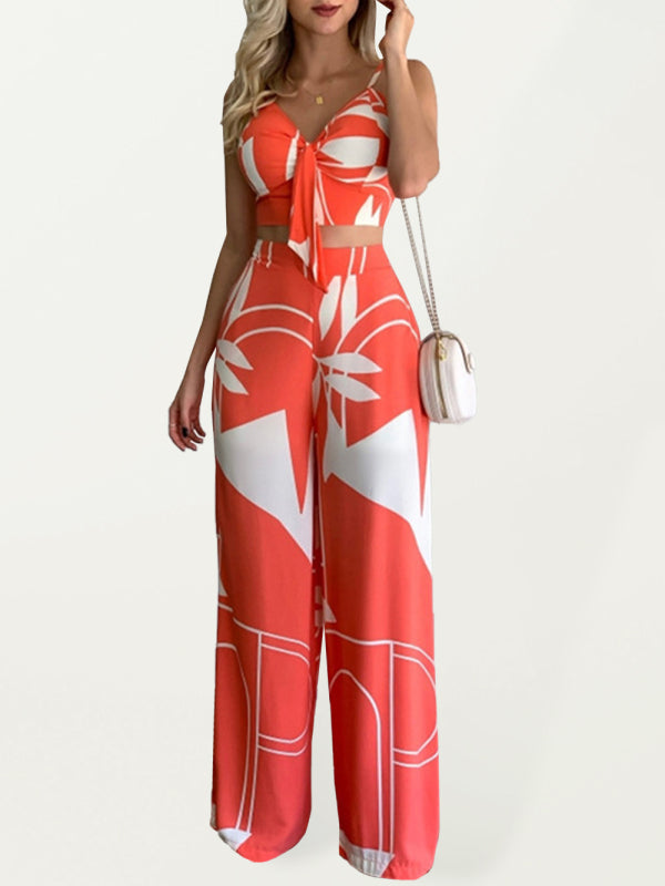 Linen-like casual suit V-neck high-waist printed wide-leg pants two-piece set - Pink / S
