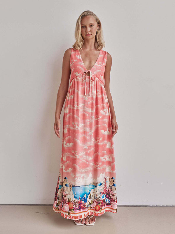 Linen Printed Casual Sleeveless V-Neck Maxi Dress - Orange Red / S