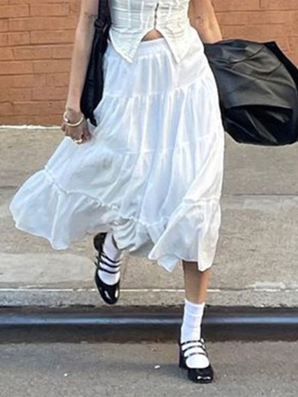 Literary retro gentle white splicing bohemian casual skirt - White / S