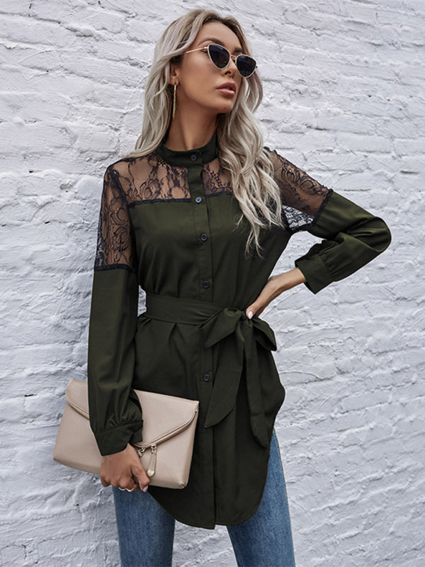 Long round neck, long sleeves and waisted black patchwork lace shirt - Closther
