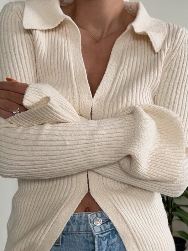 Long-sleeved top bell sleeve bottoming casual street sweater cardigan - Cream / S