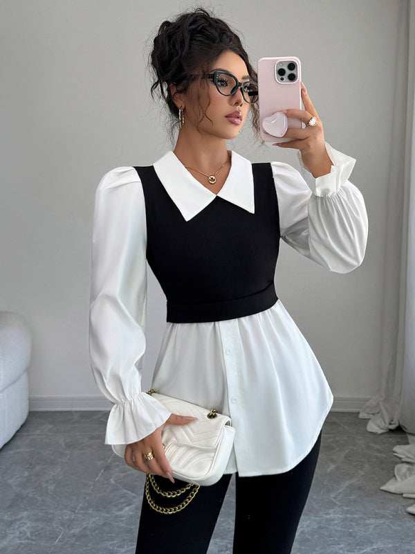 Long-sleeved waist-hugging striped V-neck shirt - Black / S