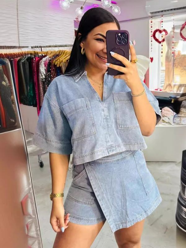Loose and slim POLO short-sleeved shirt irregular skirt and pants two-piece set - Blue / S