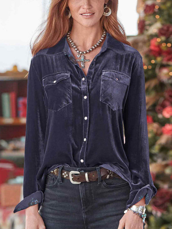 Loose casual all-match tooling retro gold velvet long-sleeved shirt - Purple / S