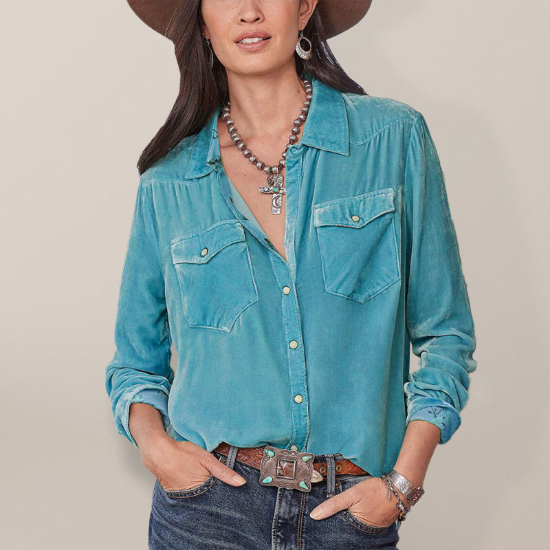Loose casual all-match tooling retro gold velvet long-sleeved shirt - Spearmint viridis / S