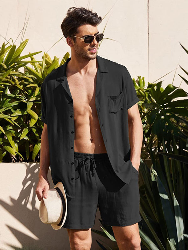 Loose Casual Cotton Linen Cardigan Shirt Shorts Set - Black / M