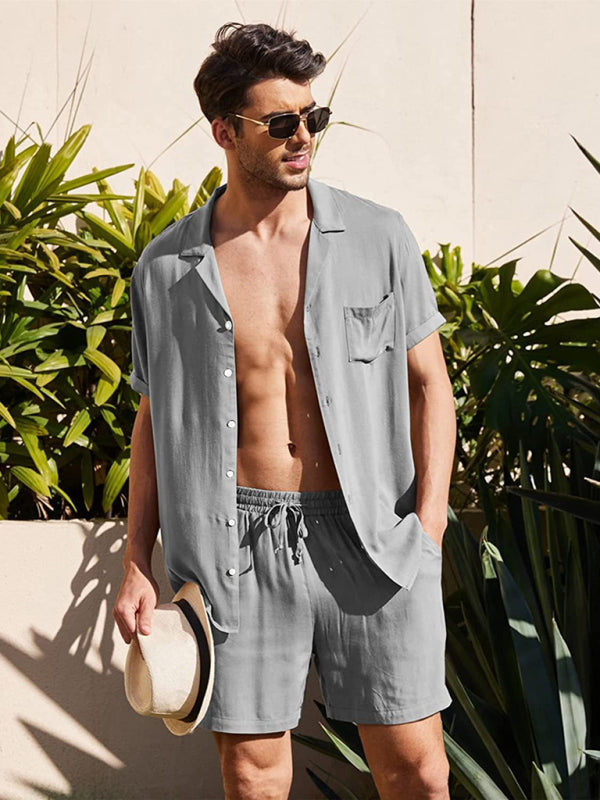 Loose Casual Cotton Linen Cardigan Shirt Shorts Set - Grey / M