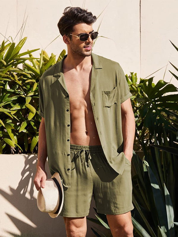 Loose Casual Cotton Linen Cardigan Shirt Shorts Set - Olive green / M