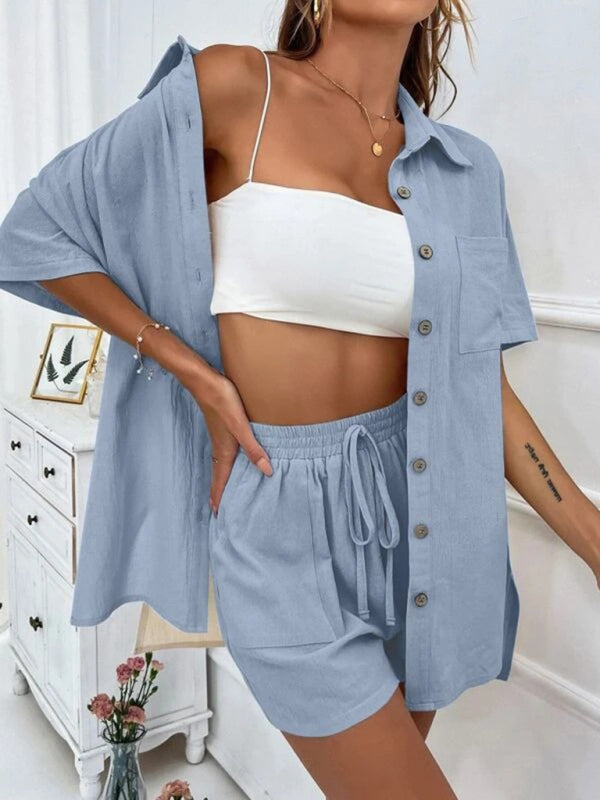 Loose-fit short-sleeve single-breasted shorts Two-piece solid-color shirt set - Clear blue / S