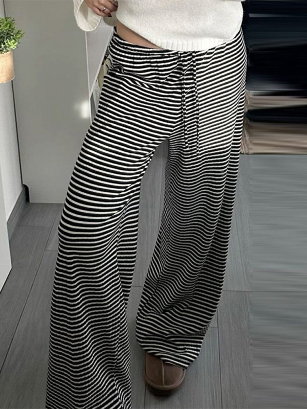 Loose-fitting low-rise casual pants hot girl drape knitted wide-leg trousers - Black / S