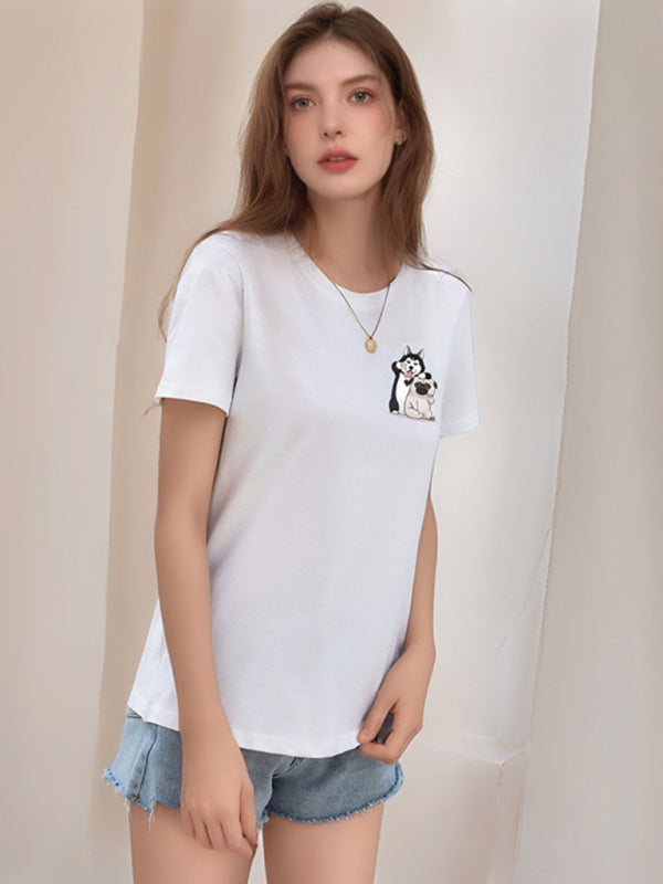 Loose round neck cute dog cartoon print T-shirt