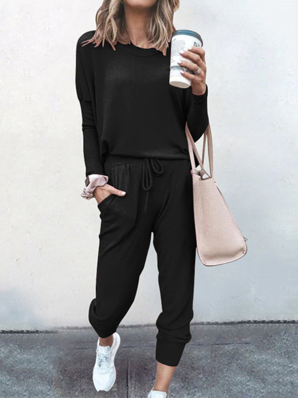 Loose solid color long sleeve casual suit comfortable home suit - Black / S