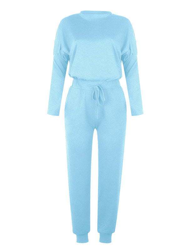 Loose solid color long sleeve casual suit comfortable home suit - Blue / S