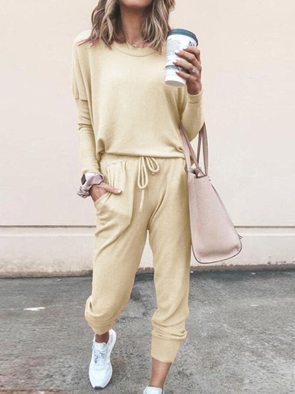 Loose solid color long sleeve casual suit comfortable home suit - Cracker khaki / S