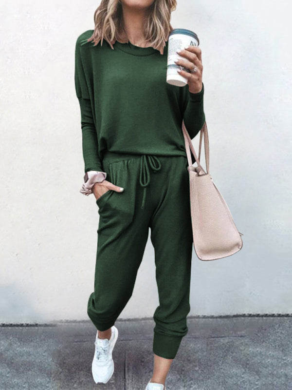 Loose solid color long sleeve casual suit comfortable home suit - Green black jasper / S
