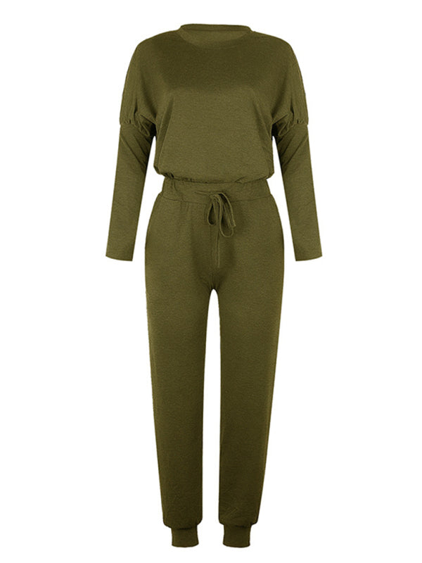 Loose solid color long sleeve casual suit comfortable home suit - Green / S