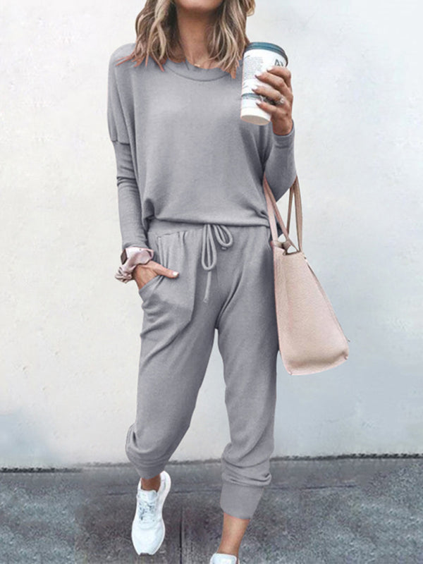 Loose solid color long sleeve casual suit comfortable home suit - Grey / S