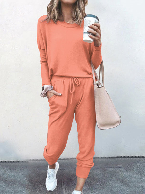 Loose solid color long sleeve casual suit comfortable home suit - Orange / S