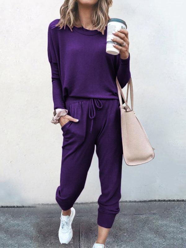 Loose solid color long sleeve casual suit comfortable home suit - Purple / S