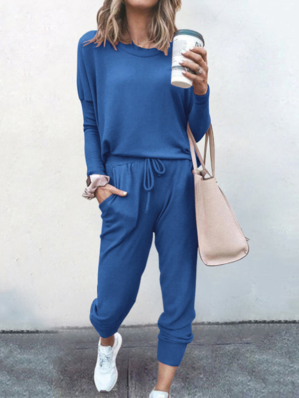 Loose solid color long sleeve casual suit comfortable home suit - Purplish blue navy / S