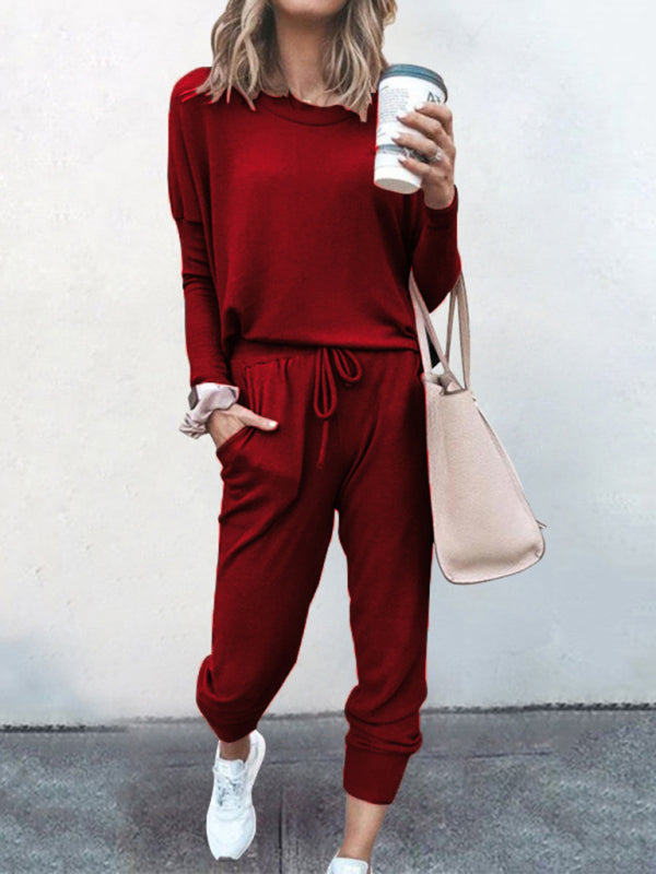Loose solid color long sleeve casual suit comfortable home suit - Wine Red / S