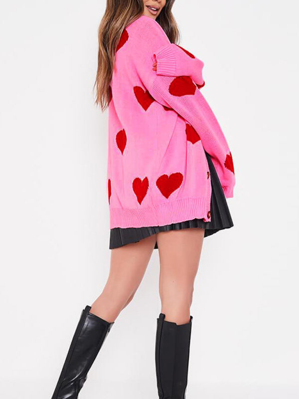 Love flower mid-length V-neck jacket loose casual knitted cardigan