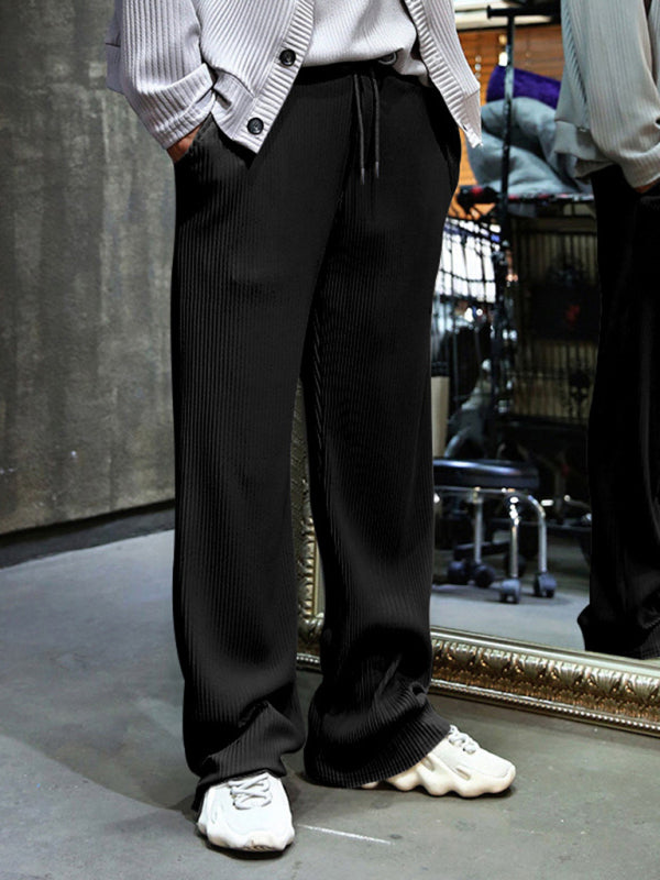 Men’s casual trousers loose straight trousers drapey striped high-waisted wide-leg trousers - Black / S