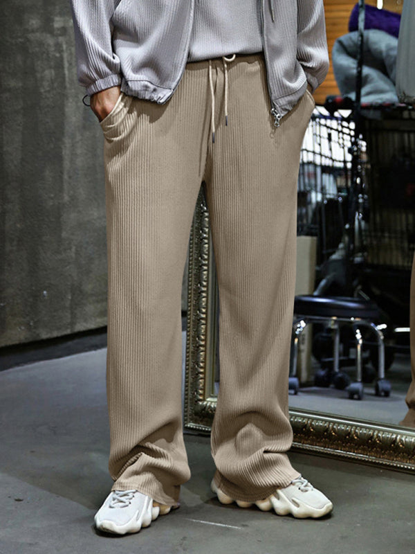 Men’s casual trousers loose straight trousers drapey striped high-waisted wide-leg trousers - Khaki / S