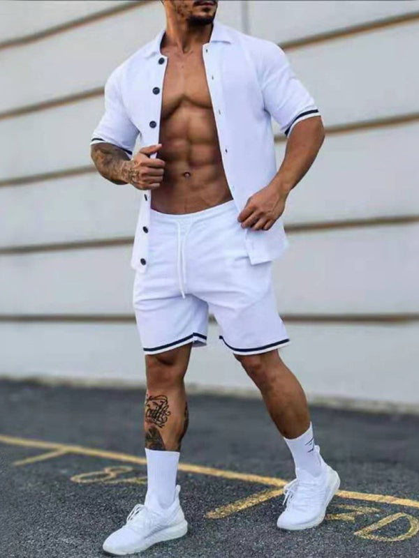 Men’s color contrast lapel short-sleeved shirt + shorts two-piece suit