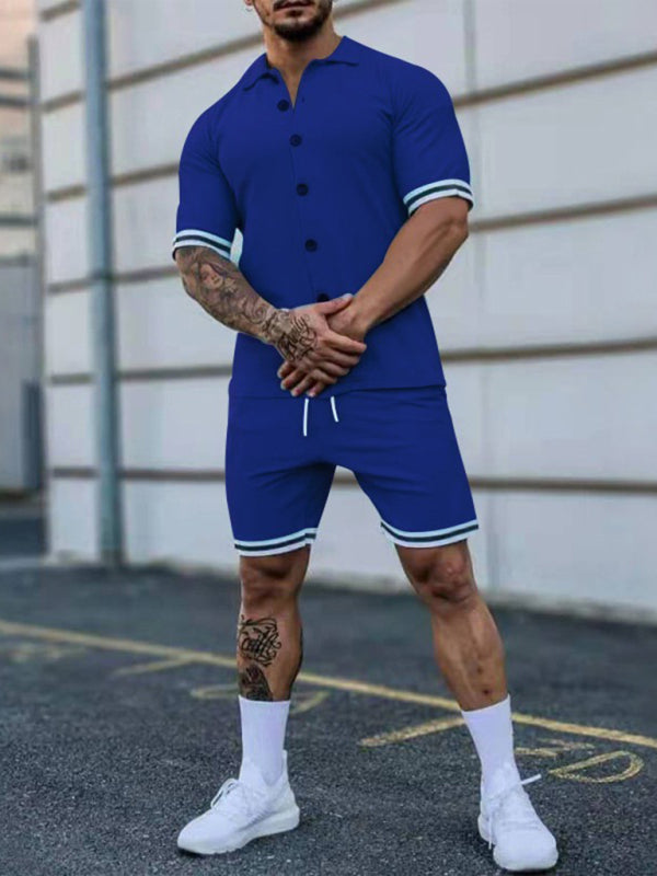 Men’s color contrast lapel short-sleeved shirt + shorts two-piece suit