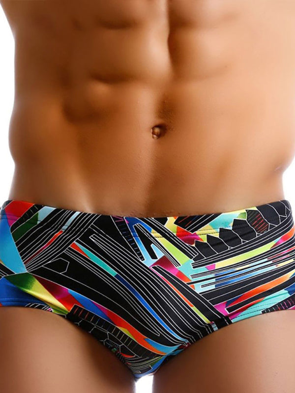 Men’s Colorful Lines Geometric Irregular Print Boxer Swim Shorts