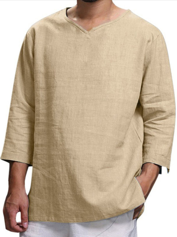 Men’s Long Sleeve V Neck Cotton Linen Loose Shirt