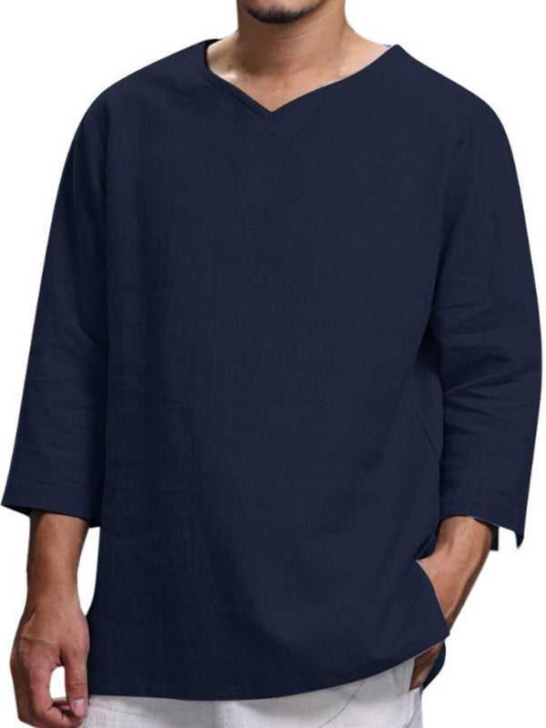 Men’s Long Sleeve V Neck Cotton Linen Loose Shirt